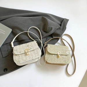 Women French Pastoral Straw Weaving PU Leather Shoulder Bag Floral Embroidery Small Square Crossbody Bag Summer Beach Vacation Handbag With Metal Buckle