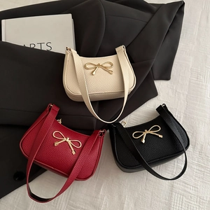 Sac Sous le Bras Femme avec Nœud en Cuir Synthétique Texture Litchi Petit Sac à Bandoulière Boucle Métallique Dorée Élégant