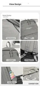 Waterproof grey nylon backpack detailing with white embroidery and adjustable straps