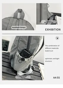 Detail of grey nylon backpack showing reinforced straps and side pocket with umbrella