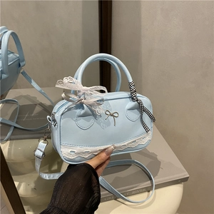Borsa Boston da Donna in Pelle PU Stile Balletto Dolce Borsa a Mano a Tracolla Con Decorazione in Pizzo Fiocco Nastro Donna
