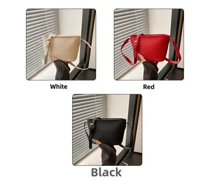 Mini textured leather crossbody bucket bags in white, red and black with golden buckles