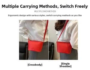 Detail view of red pebble leather bucket bag showing crossbody and shoulder carry styles