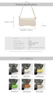 Detailed size chart and multi-color options for the stylish PU leather underarm bag