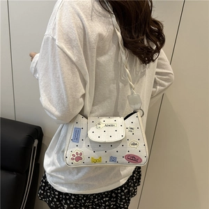 Borsa a tracolla bianca a pois con toppe a cartone animato e tracolla in corda intrecciata