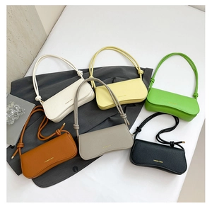 Detailed view of fashionable underarm bags in six colors with pebble grain leather finish