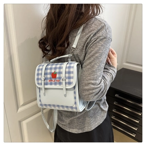 Detail of the blue and white plaid texture with apple embroidery on the schoolbag