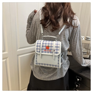 Detail of blue and white checkered backpack featuring red apple embroidery and text
