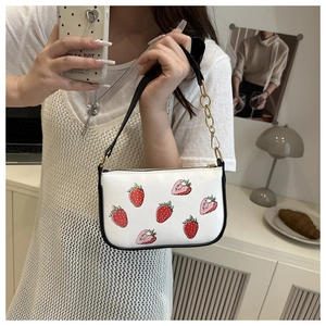 Chic white PU leather shoulder bag with strawberry print and gold chain strap detail
