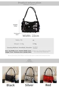 Detailed size guide for sequin shoulder bag with width 22cm and height 13cm in three colors