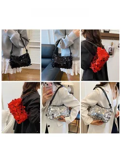 Collage of chic sequin shoulder bags in black, red, and silver worn by a model