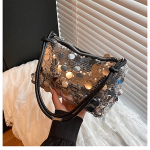 Detailed shot of silver sequins on mini shoulder bag with black twisted strap and zip