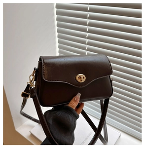 Détail du sac bandoulière vintage marron foncé avec fermoir rotatif en métal doré