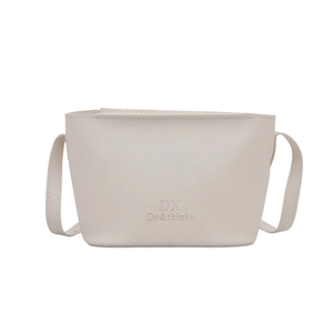 Minimalist beige pebble leather crossbody bag with DX Do&thinks logo on white background