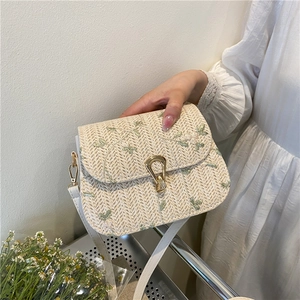 Women Summer Straw Woven Crossbody Bag Floral Embroidery Flap Saddle Shoulder Purse Gold Horseshoe Buckle PU Strap