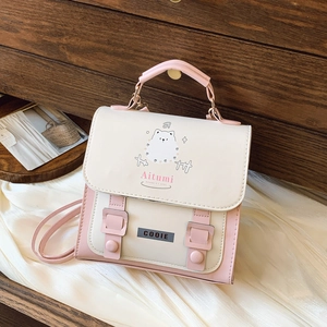 Cartoon Print Mini Backpack PU Leather Handbag For Girls Sweet Pink White Color Block Multi-way Crossbody School Bag