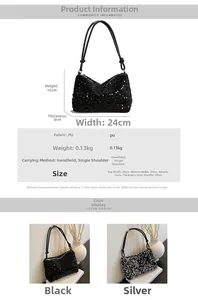 Detailed size and material guide for the sequin baguette shoulder bag with PU strap
