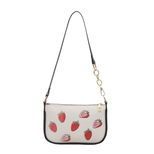 Elegant white crossbody square bag with strawberry print and gold chain strap