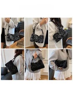Multiple views of a black sequin crescent shoulder bag worn in daily scenes