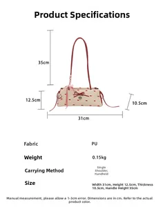 Spécifications de taille de ce sac beige à nœud avec pois rouges en matériau PU