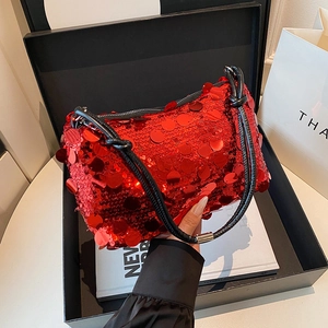 Women Fashion Shiny Sequin Shoulder Bag Metallic Underarm Purse With Knot Strap Zipper Closure Elegant Evening Square Bag
