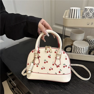Women Sweet Cherry Print PU Leather Shell Bag Small Shoulder Crossbody Handbag With Double Zipper Fashion Versatile Daily Bag