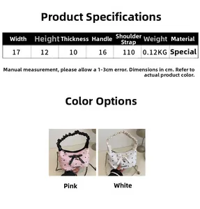 Detailed size chart for the bow handbag showing width height and strap length measurements