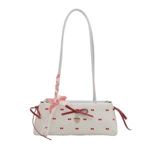 Sac baguette blanc à pois rouges avec nœud décoratif et ruban en dentelle