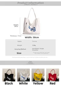 Detailed dimension guide and size chart for the large canvas tote bag with bag typography