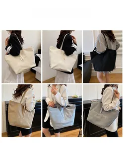 Collage showing six color options of large canvas tote bags with letter embroidery