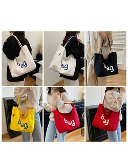 Collage of fashion canvas tote bags in white, black, yellow and red with bag lettering