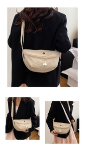 Detailed views of a beige half-moon crossbody bag with OK logo and adjustable strap