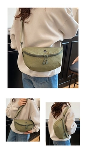 Detail view of olive green nylon crossbody bag showing the OK logo and adjustable strap