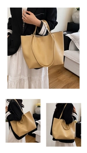 Detail view of khaki PU leather tote bag showing shoulder and hand-carry versatility