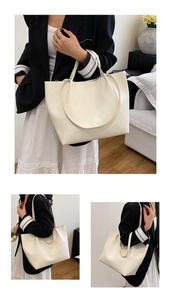 Detailed views of a large beige leather tote bag with long straps for commute and travel