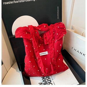 Women Floral Polka Dot Print Tote Bag Large Capacity Crinkle Fabric Shoulder Bag Ruffle Edge Daily Shopping Fashion Handbag