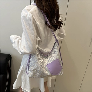 Chic purple jacquard shoulder bag with floral embroidery and PU leather strap