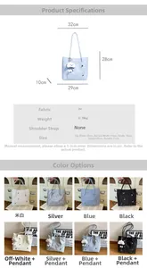 Detailed size specifications and material view of a butterfly pattern tote bag with pendant
