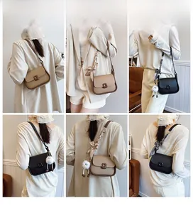 Detail showing various model views of the mini PU leather crossbody bag with silk scarf