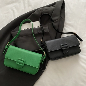 Women Underarm Bag Litchi Grain PU Leather Minimalist Square Buckle Flap Crossbody Bag Handbag French Vintage Style