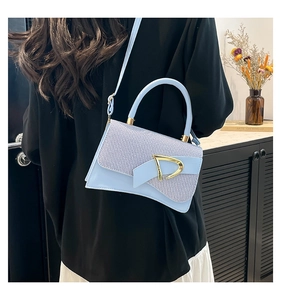 Close-up of light blue saddle bag with metallic D-buckle and contrast texture detail