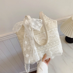 Women Lace Tote Shoulder Bag Floral Hollow Large Bow Beach Vacation French Retro Romantic Off White Handbag