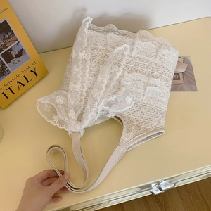 Elegant white floral lace tote bag with tiered ruffles for summer beach vacations