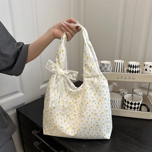 Women Floral Canvas Tote Bag Large Capacity Shoulder Bag With Lace Bow Yellow Flower Printed Nylon Fabric Magnetic Buckle