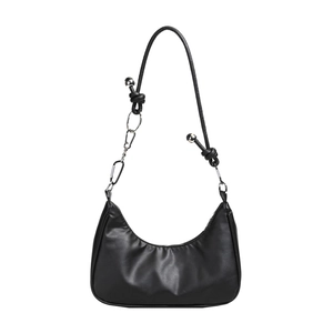 Minimalist black crescent hobo bag with knotted shoulder strap and silver bead detail