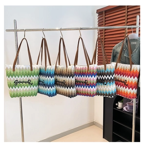 Collection of summer rainbow striped woven tote bags with Summer embroidery and PU straps