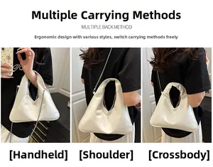 Three-way view of white glossy leather bucket bag with metal chain for crossbody or shoulder