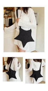 Detailed views showing the unique star-shaped black crossbody bag with quilted textures