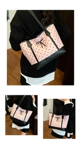 Detailed views of a pink puffy tote bag with black heart patterns and bow accent