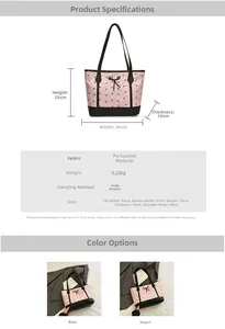 Size chart and dimensions for the pink polka dot tote bag with black strap details